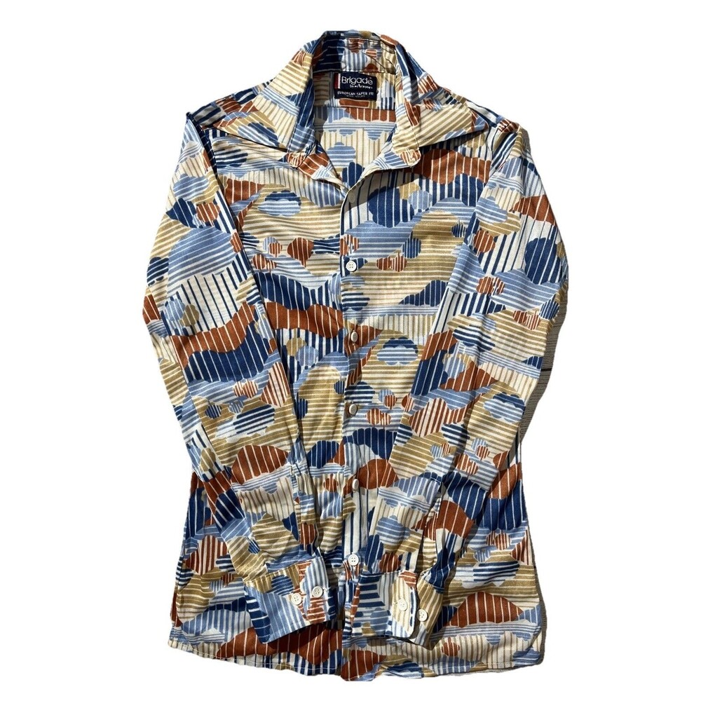 Vintage Brigade By Arrow Shirt Mens Blue Abstract Geometric Disco 70s Sz S